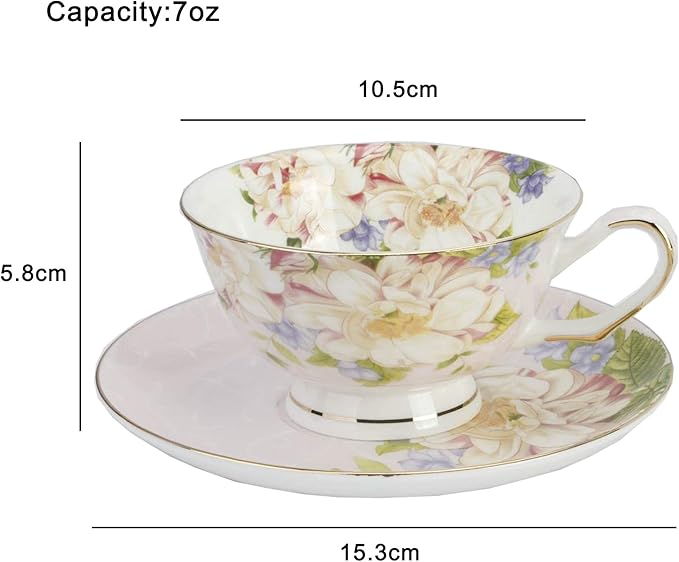 Tea Cups,Floral Tea Cups and Suacers Set,Bone China Tea Set of 2,Coffee Cups,Tea Set for Adults/Friends/Lover,7OZ(Blue/Pink)