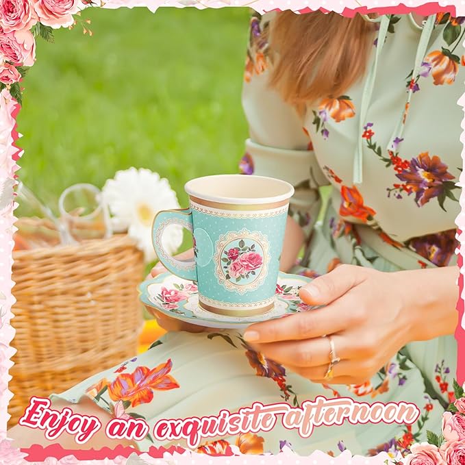 Domensi 60 Pieces Tea Party Decorations Include 30 Pcs 9 oz Paper Cups with Handle and 30 Pcs Tea Party Paper Plates Disposable Blossom Teacups and Saucers for wedding Favors(Assorted Style)