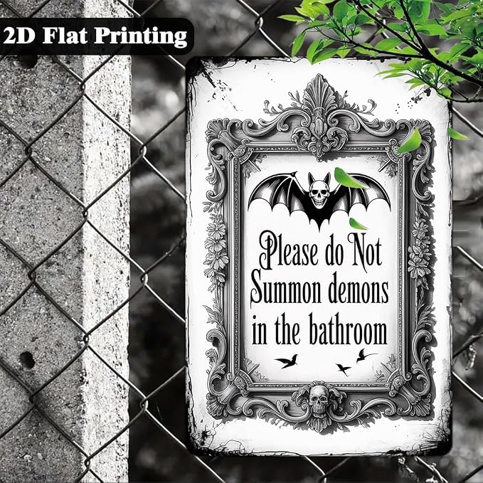 Halloween Bathroom ''Please Do Not Summon Demons In The Bathroom'' Metal Tin Sign - 8x12 Inch, Gothic Bat Art Sign For Toilet, Cafe, Garage, Office Decor, Halloween Accessories, Halloween Decor - Image 4