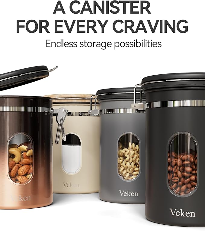 Veken Coffee Sugar Canister with Window, Easter Gifts Airtight Stainless Steel Container with Lids, Home Kitchen Food Storage Jars for Grounds, Beans, Tea, Flour, Cereal, Basket, Scoop, 22OZ, Cream