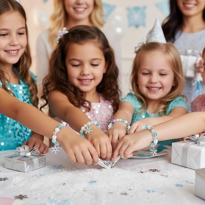 Ecally 12 Pcs Snowflake Party Favors Snowflake Beaded Bracelet Bulk Winter Christmas Party Supplies Jewelry Princess Birthday Prize Gifts for Girls Women