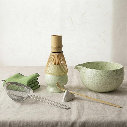 Matcha Whisk Set- 7 Piece Complete Japanes Matcha Set with Ceramic Matcha Bowl (Chawan), Bamboo Whisk (Chasen), Sifter, Whisk Holder, Macha Scoop(Chashaku) & Accessories - Green
