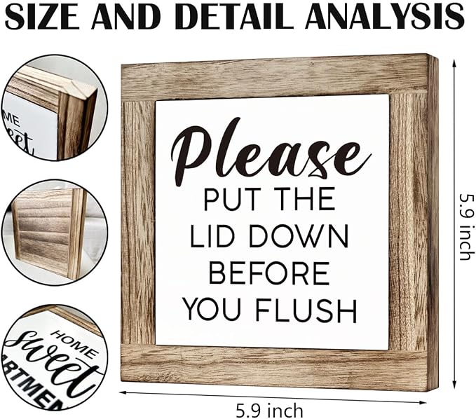 Rustic Pine Wooden Box Sign, 5.9x5.9x0.7in, Home Decor, Words & Quotes, Tabletop Mount, Please Put The Lid Down Before You Flush - Image 2