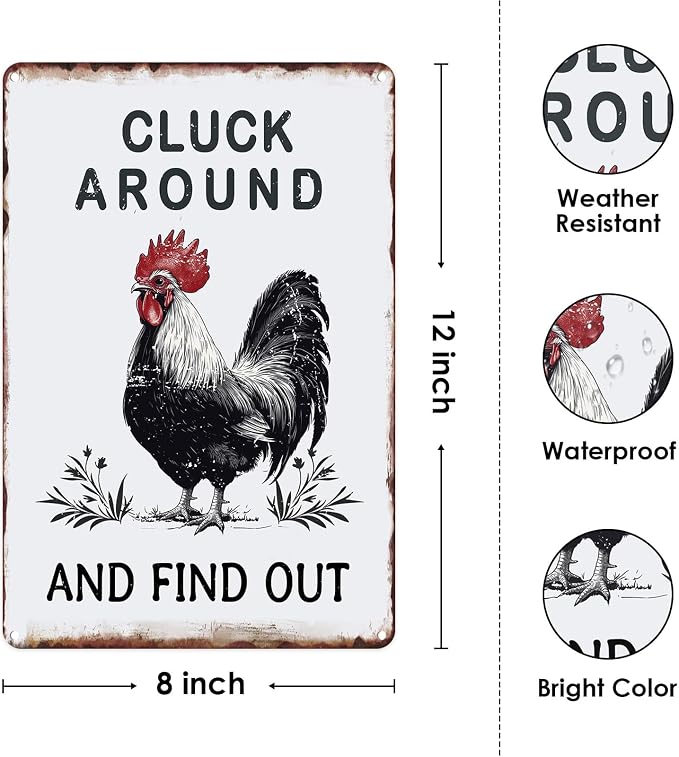 Sanwarm Funny Chicken Gifts Metal Sign Chickens Cluck Around and Find Out Tin Signs For Home Farm Chicken Coop Farmhouse Kitchen Garden Wall Decor Grey Poster Vintage Hanging Painting 12 X 8 Inch - Image 3