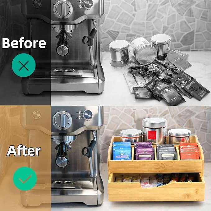 Covzoe Coffee Station Organizer for Countertop, Bamboo Coffee Pods Holder Bar Organizer with Drawer, Rustic Tea Condiment Storage Caddy for Bar Decor Kitchen Home Office - Image 5