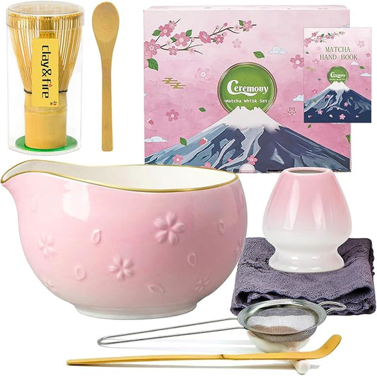 Clay&Fire Matcha Whisk Set, 9 pcs Ceramic Matcha Set, Gifts for Women,Matcha Bowl with Spout and Whisk, Matcha Kit for Matcha Lovers, Ideal Gift Christmas, Birthday, Anniversary (Cherry Bloom-Pink)