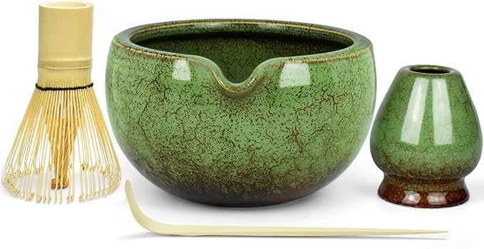 Artcome Matcha Tea Set – 20.2oz Premium Matcha Bowl with Spout, Whisk, Scoop, Whisk Holder & Brewing Guide – Authentic Japanese Tea Ceremony Tools for Perfect Matcha Preparation, Green