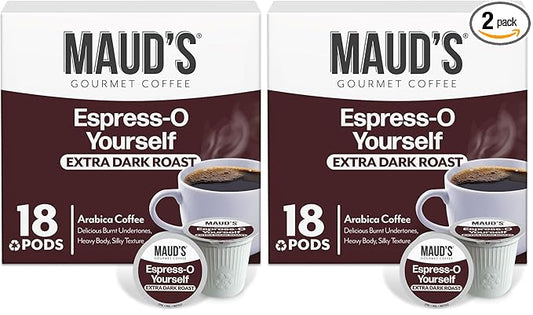 Maud's Espresso Roast Coffee Pods, 18 ct, Dark Roast Coffee in Recyclable Single Serve Pods – 100% Arabica Coffee, Compatible with Keurig K Cups Maker (Pack of 2)