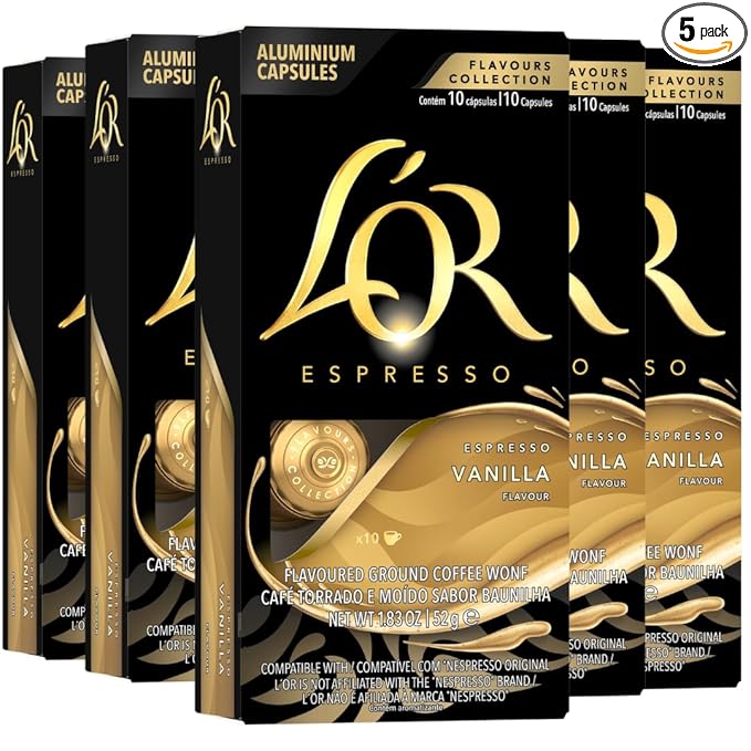 L'OR Espresso Capsules, 50 Count Vanilla, Single-Serve Aluminum Coffee Capsules Compatible with the L'OR BARISTA System & *Nespresso Original Machines, 50 Count (Pack of 5)