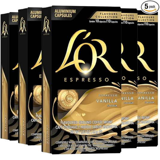 L'OR Espresso Capsules, 50 Count Vanilla, Single-Serve Aluminum Coffee Capsules Compatible with the L'OR BARISTA System & *Nespresso Original Machines, 50 Count (Pack of 5)
