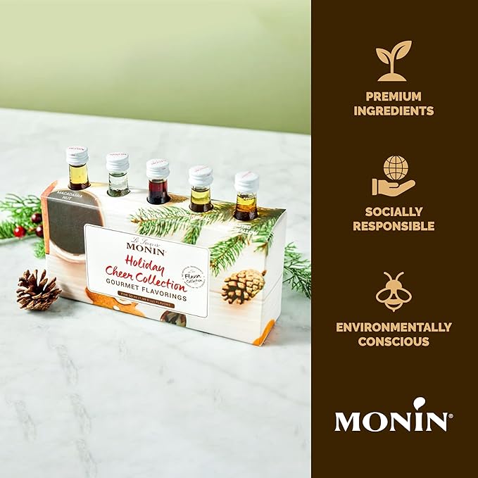 Monin - 5 Flavor Holiday Cheer Collection: Macadamia Nut, Peppermint, Cookie Butter, Toasted Marshmallow, & Gingerbread, Natural Flavors for All Drinks, Gluten-Free (1.69 oz per bottle)