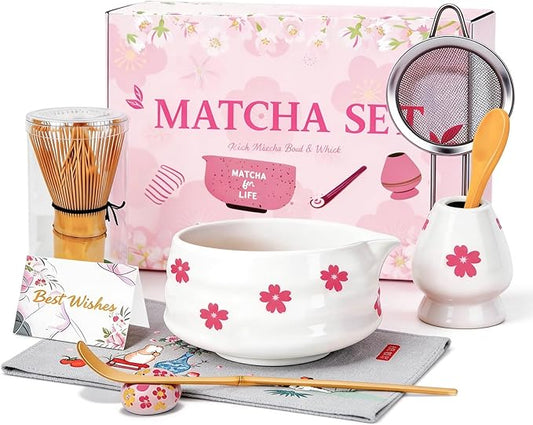 8Pcs Cute Ceramic Matcha Set with Whisk Bowl, Matcha Tea Kit Holder, Bamboo Scoop, Sifter, Towel Included, Valentine's Mother's Day Gift for Matcha Lover Women (White Sakura)