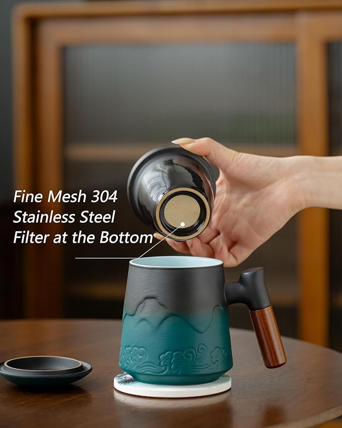 ZENS Tea Mug with Infuser and Lid for Loose Leaf Tea Steeper, 15.2oz Wood Handle Ceramic Tea Cup with Fine Strainers and Absorb Coaster for Tea Lovers Gifts