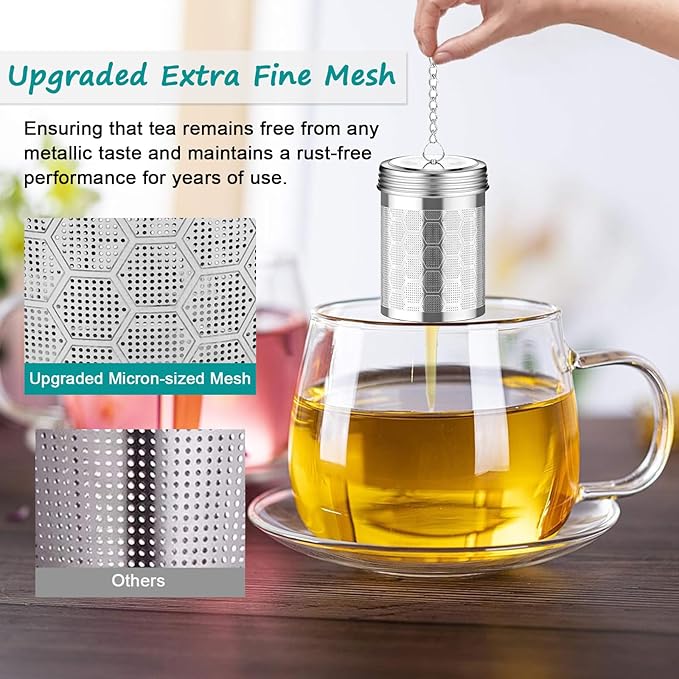 Tea Infuser for Loose Tea, Extra Fine 304 Stainless Steel Tea Strainer Stepper with Heat-Resistant Silicone Handles and Lid, Large Capacity Tea Basket Filter for Mug, Cup (Small)