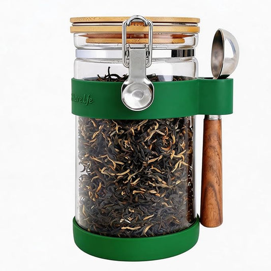 Glass Tea Canister with Airtight Bamboo Lid and Spoon - 40oz (1200ml) Storage Jar for Loose Leaf Tea - Clear Pantry Container Preserves Freshness and Flavor
