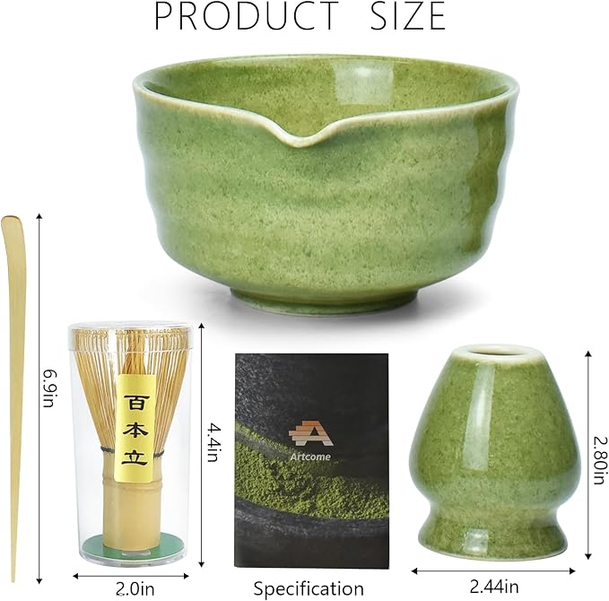 Artcome 4-Piece Matcha Tea Set - Complete Japanese Ceremony Kit with Bowl, Whisk, Whisk Holder, Scoop & Guide, Mottled Green