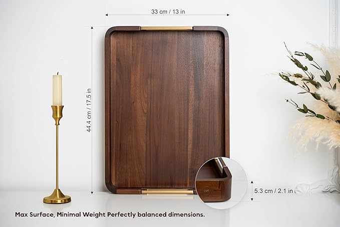 Premium 17.5 x 13 Inch Acacia Wood Serving Tray with Metal Handles – Large Ottoman Coffee Table Centerpiece for Bed, Couch & Patio – Rustic Wood Trays Home Decor for Breakfast, Drinks & Gifts