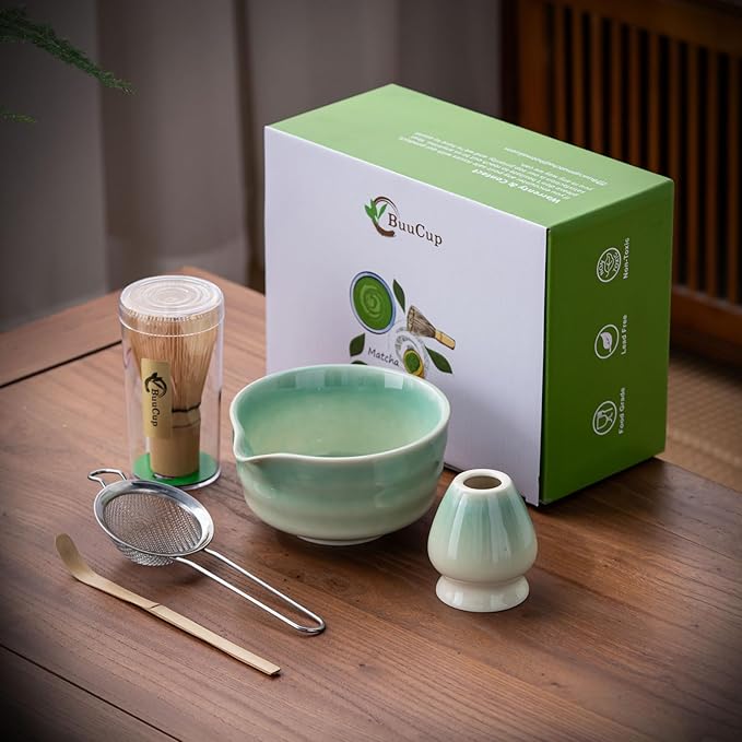 Japanese Matcha Set, Matcha Bowl with Spout, Matcha Whisk and Holder, Bamboo Matcha Scoop and Stainless Steel Sifter - 5 Pcs Gradient Green Matcha Kit for Matcha Lover