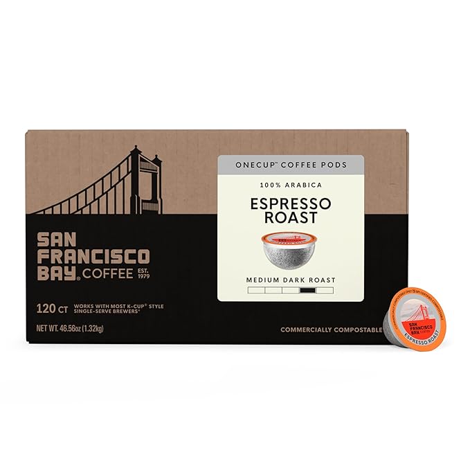 San Francisco Bay Compostable Coffee Pods - Espresso Roast (120 Ct) K Cup Compatible including Keurig 2.0, Dark Roast