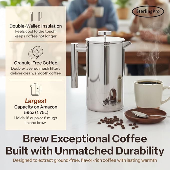 Stainless Steel French Press Coffee Maker 1.75 L (59 oz) Mirror – Double Walled Insulated Extra Large French Press, Durable Design Keeps Drinks Hot, Easy to Use and Clean for Rich Flavor