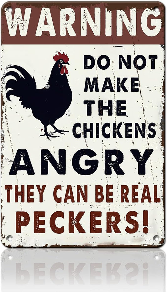 Warning Chickens Angry Metal Sign Retro Tin Sign Wall Decor for Farmhouse Kitchen Cafe Home Yard 12×16 Inch by Unknown