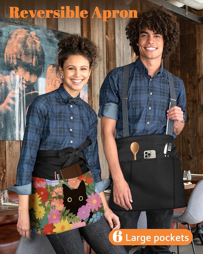 Slohif Reversible Server Apron 6 Pockets - Waist Apron for Waitress Women Half Serving Short Apron for Waiter - Image 3
