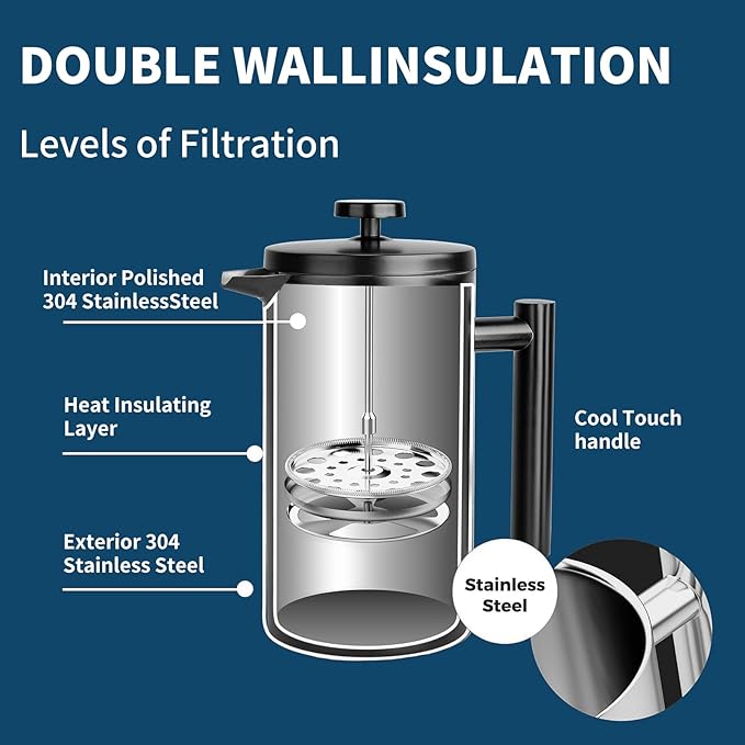 MERMOO YILAN French Press 34oz Insulated Stainless Steel Coffee Maker Unbreakable Coffee Press Easy to Clean for Home, Camping, Travel (Black)