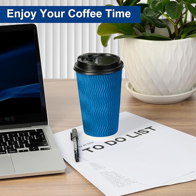 PARACITY Insulated Paper Disposable Coffee Cups, 16oz, 50 Pack with Lids, Ripple Double-Walled, for Beverages, Travel