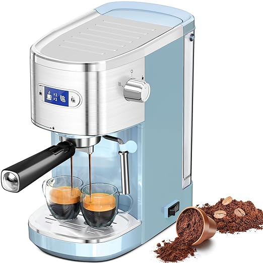 20 Bar Espresso Machine, Professional Stainless Steel Coffee Maker with LCD Display, 45oz Removable Water Tank, Home & Office Espresso Maker for Cappuccino Latte Macchiato, Blue
