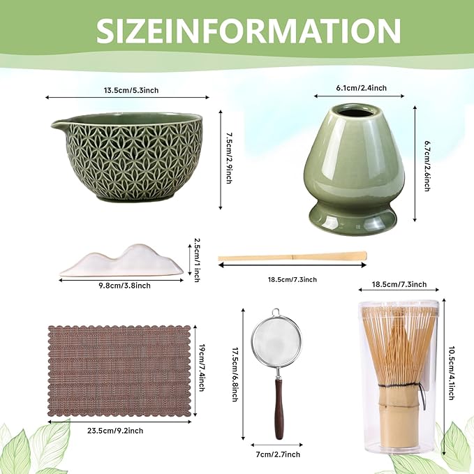 7 Pcs Matcha Whisk Set, Ceremony Matcha Kit with Matcha Bowl, Bamboo Whisk and Holder, Scoop and Scoop Rest, Sifter and Tea Towel, Gift for Matcha Lovers (Green/Bamboo Leaf-Patterned)