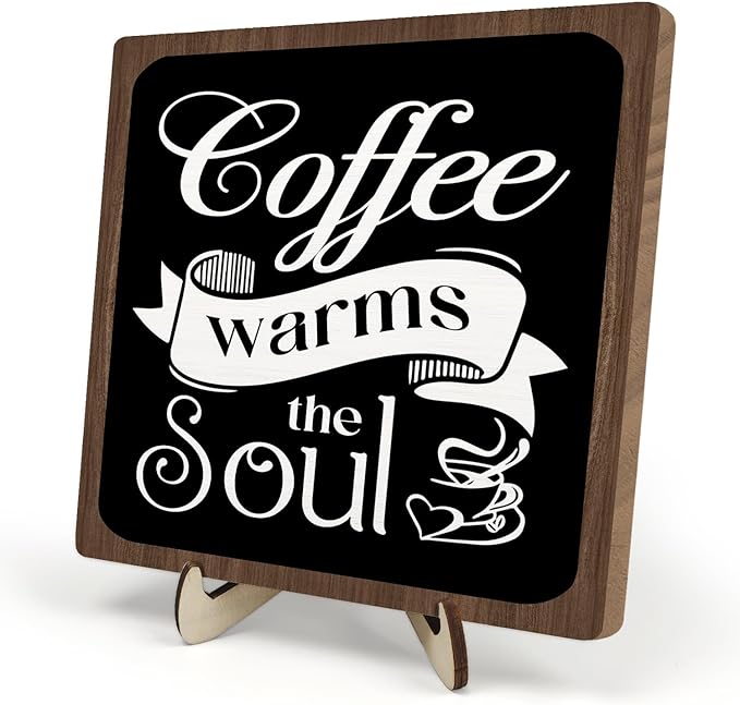 Coffee Bar Sign Plaque, Vintage Café Decor for Kitchen, Rustic Farmhouse Cafe Accessories, Themed Wall Sign for Home - Coffee Warms the Soul - Gift Idea (Black&Brown4, 5.9x5.9inches)