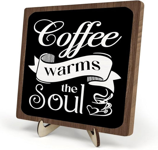 Coffee Bar Sign Plaque, Vintage Café Decor for Kitchen, Rustic Farmhouse Cafe Accessories, Themed Wall Sign for Home - Coffee Warms the Soul - Gift Idea (Black&Brown4, 5.9x5.9inches)