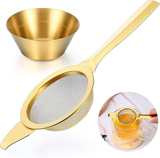 2.2" Matcha Sifter Strainer Tea Strainer 30 Fine Mesh Stainless Steel Fine Mesh Strainer Sieve Sifter with Handle Sieve Sifters Strainers with Base for Loose Tea Coffee Cocktail (Gold)