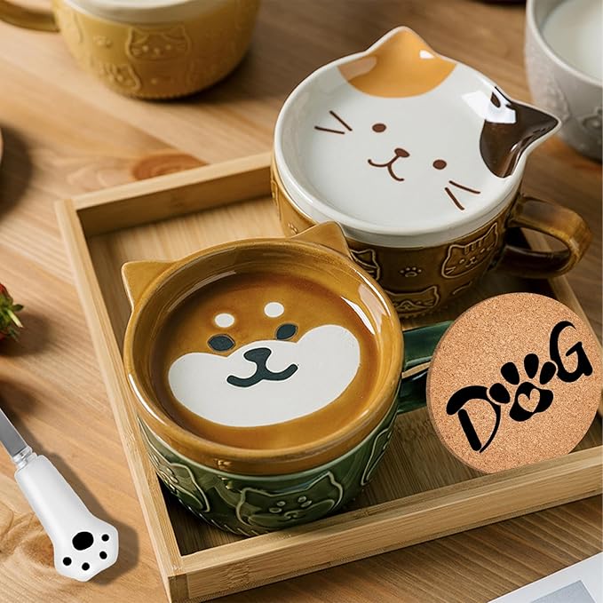 Gifts for Women Her Cute Kawaii Cat Coffee Mugs with Lids Christmas Birthday Presents for Girls Friend Kids Men Wife Mom Grandma Teacher Novelty Animal Coffee Ceramic Tea Cup Dessert Saucer Set