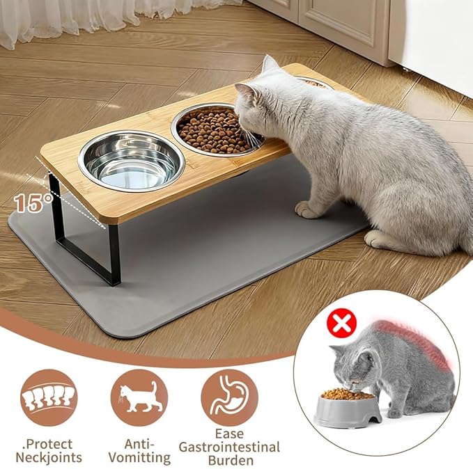 Elevated Cat Bowls with Silicone Mat – 3 Stainless Steel Bowls, 15° Tilted Bamboo Stand Feeding Station for Indoor Cats & Puppy, Anti Vomiting, Whisker Fatigue Relief & Healthy Digestion