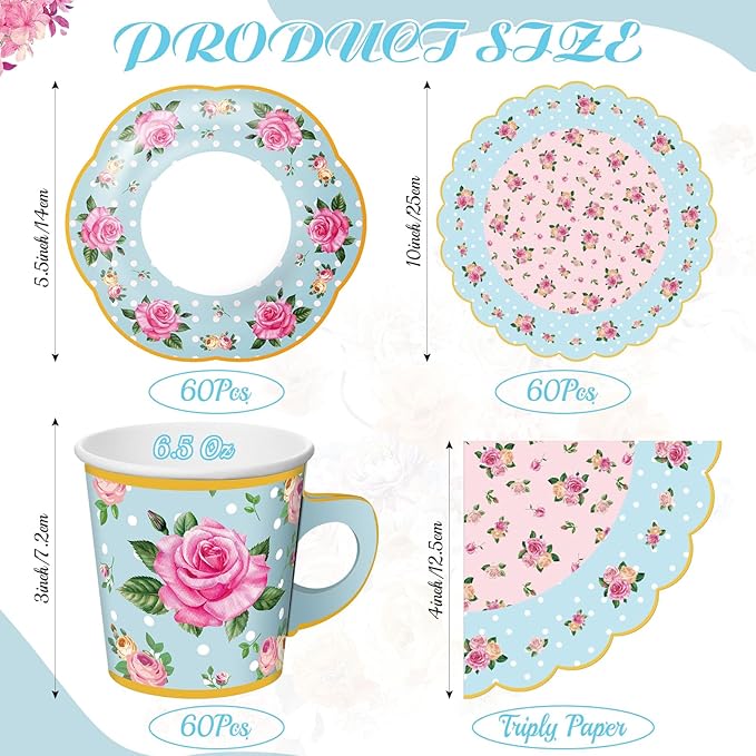 Umigy 60 Sets Tea Party Decorations 6.5 oz Floral Paper Tea Cups with Plates Paper Napkins Disposable Blossom Teacups and Saucers Sets for Girls Kid Birthday Garden Wedding Party Supplies(Elegant)