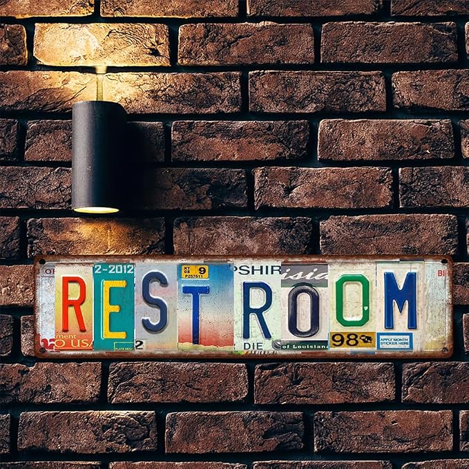 Vintage License Plate RESTROOM Sign – 16x4 Inch Rustic Tin Wall Decor for Bathroom, Guest Toilet, Washroom, Commercial Restroom or Farmhouse Style Spaces - Image 5