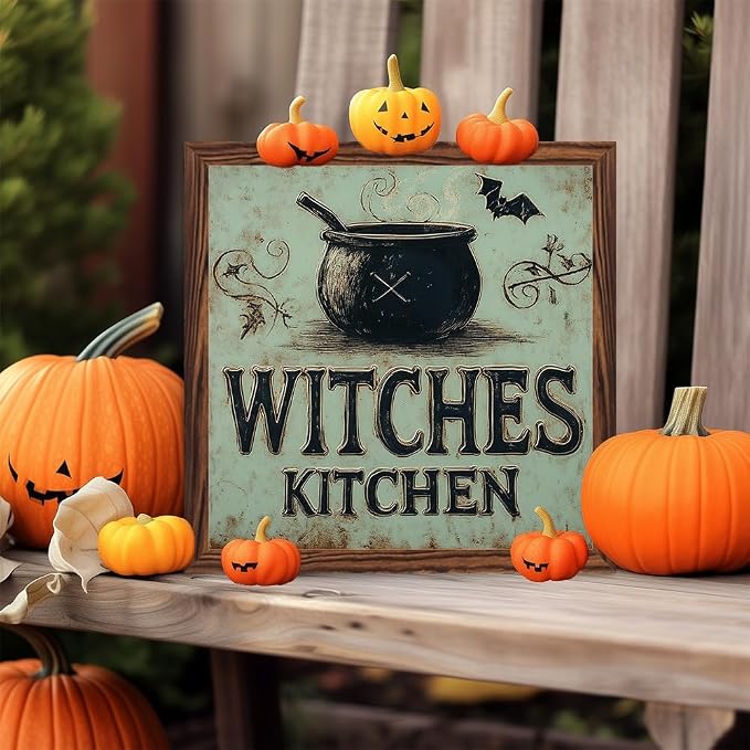 Vintage Witches Kitchen Wooden Sign, With Frame Witch Cauldron, Bats Elements Decorative Sign for Bedroom, Kitchen, Cafe, Bar Wall Decor, Halloween Decor 7.87x7.87 Inch - Image 7
