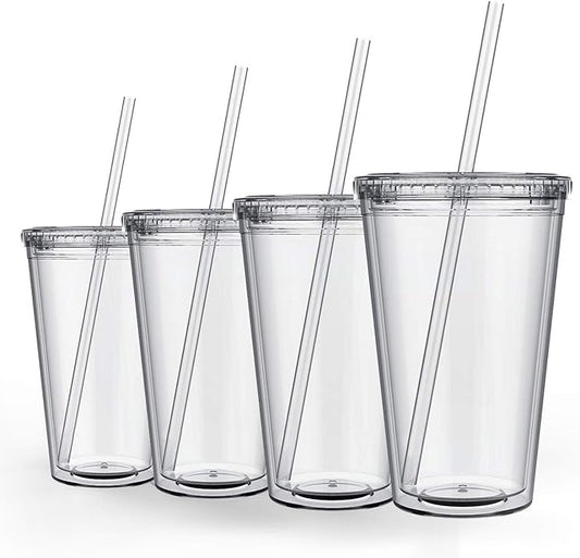 Maars Classic Clear Tumbler with Lid and Straw | 16oz Premium Acrylic, Insulated Double Wall Plastic Reusable Cups, BPA-Free To Go Cups for Ice Coffee, Fruit Teas & Water