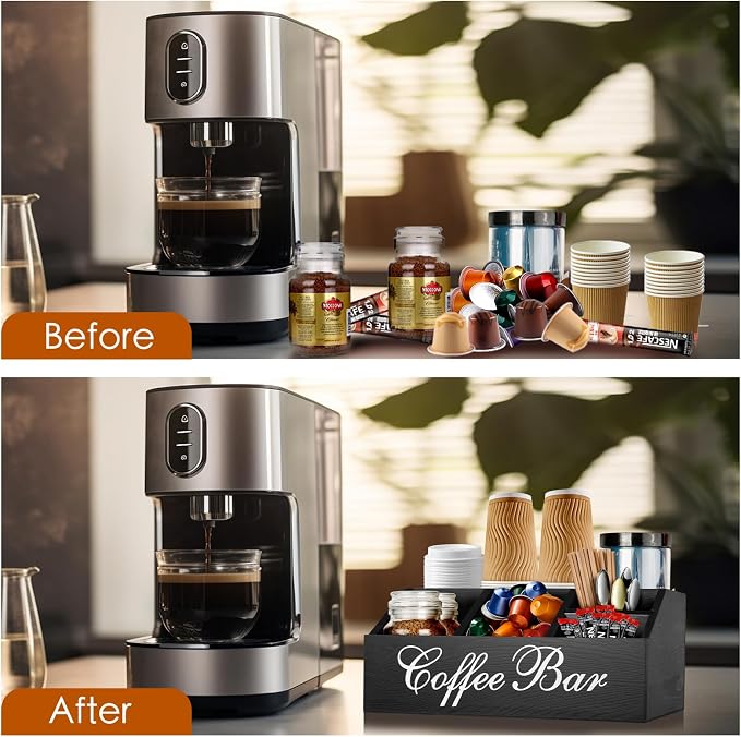 Coffee Station Organizer Pods Holder for Counter, Farmhouse Wood Coffee Bar Accessories and Tea Condiment Basket Storage Organizer Decor - Image 3