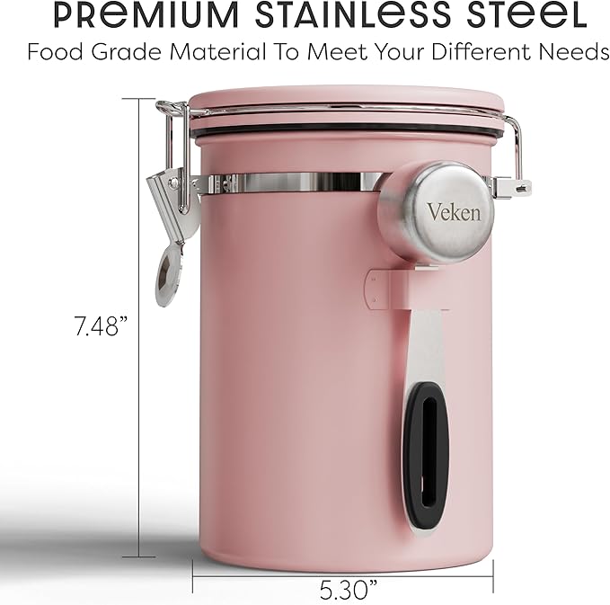 Veken Coffee Canister with Window, Easter Gifts Airtight Stainless Steel Container with Lids, Home Kitchen Food Storage Jars for Grounds, Beans, Tea, Flour, Cereal, Sugar, Basket, Scoop, 22OZ, Pink