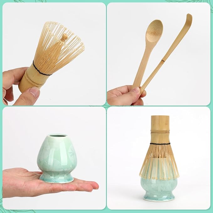 Matcha Whisk Set, Ceramics Macha Kit Includes Bowl with Spout, Matcha Whisk and Holder, Bamboo Scoop, Scoop Rest, Sifter and Tea Towel - 7 Pcs Tea Powder Shaker Kit