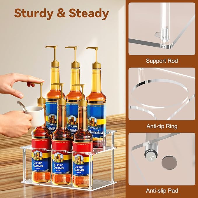 Nuovoware Acrylic Coffee Syrup Organizer, 2-Tier 6 Bottles Bar Organizer, Clear Coffee Syrup Rack for Countertop Kitchen Bar, Surface Film Can be Peeled Off, Transparent