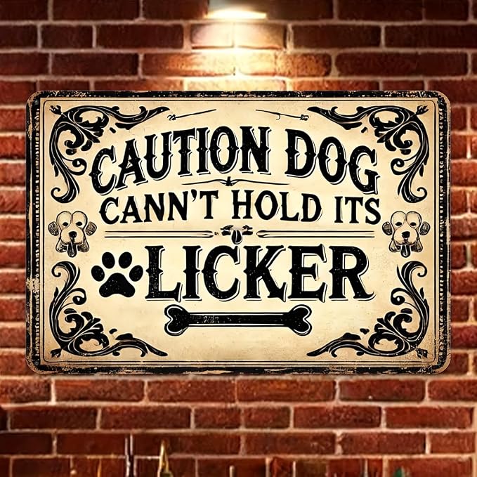 "Caution Dog Can't Hold Its Licker" Vintage Tin Sign - 12x8 inches, Iron Material, Suitable for Garage, Restaurant, Cafe, Bar, Living Room Decoration - UV Resistant and Fade Resistant by Unknown