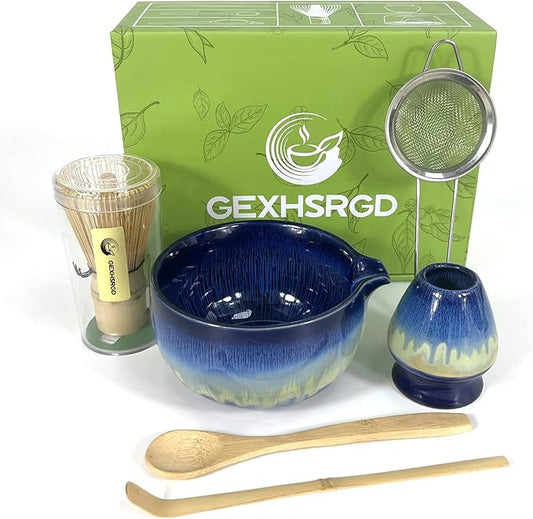 Matcha Whisk Set 6 pc Kit - Traditional Japanese Chasen, Bamboo Whisk Holder, Ceramic Bowl with Spout, Sifter & 2 pc Spoons - matcha kit set, Gift for Matcha Tea Lovers (Gradient Blue)