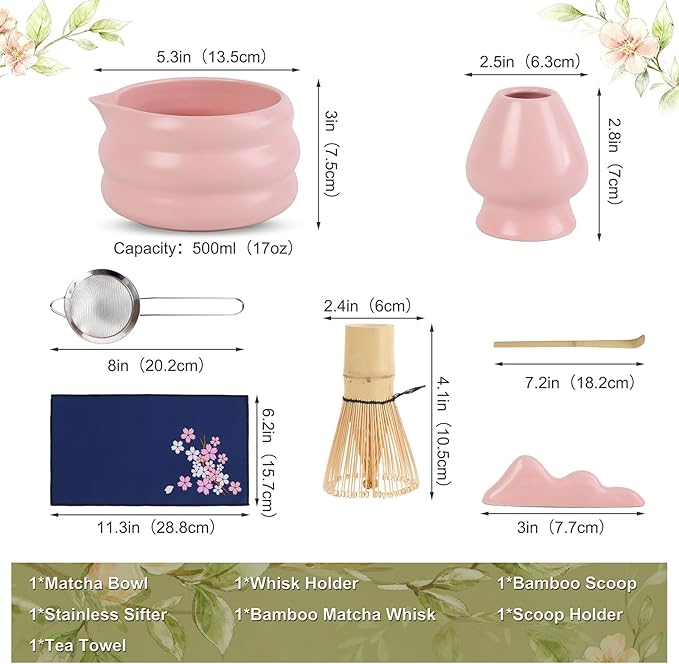 Pink Matcha Whisk Set, Ceramic Matcha Kit Set Gift Present Includes Matcha Bowl, Matcha Whisk and Holder, Bamboo Scoop, Scoop Rest, Sifter and Tea Towel - 7 Pcs Matcha Kit for Matcha Lovers
