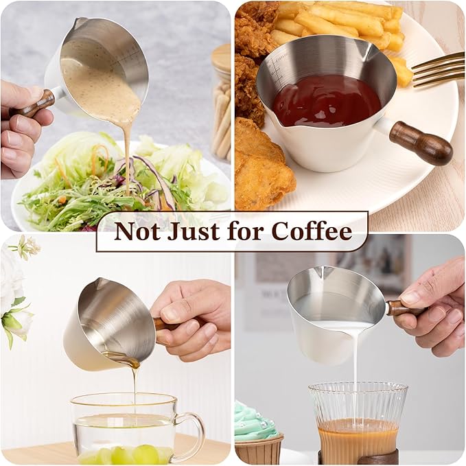 Espresso Cup, 6.8 oz/200 ml Stainless Steel Coffee Shot Measuring Cup with Wood Handle, Double V-Shaped Mouth and Clear Scale for Cappuccino Barista Coffee Bar Accessories, White