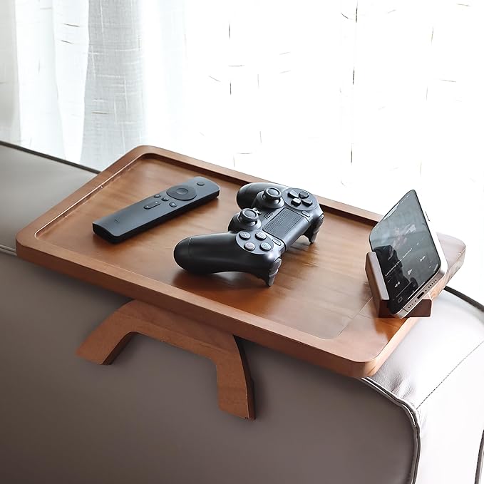 BAMBOO LAND- Couch Arm Tray, Wooden Folding Couch Armrest Table, Rectangular Clip-On Sofa Arm Tray with 360° Rotating Phone Holder