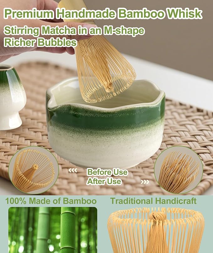JBER Matcha Whisk Set, Ceramic Matcha Set Includes Bowl, Matcha Whisk (Chasen) and Holder, Sifter, Bamboo Scoop, Spoon & Rest - 7 Pcs Matcha Kit Set for Matcha Lovers & Beginners, Gradient Green