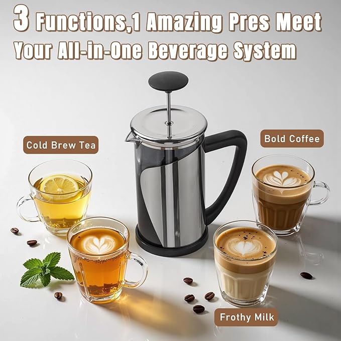 KYZ French Press Coffee Maker, 304 Stainless Steel with 4 Level Filter, 20oz Borosilicate Glass Coffee Press, Heat Resistant, Easy to Clean, 100% BPA Free for Coffee & Tea
